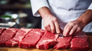 A butcher cuts beef as part of meat process in Canton IL