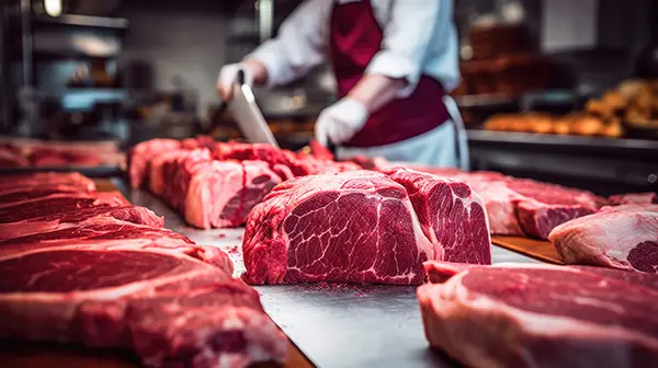 A butcher cuts beef as part of meat process in Canton IL Slaughterhouse in Rockford IL
